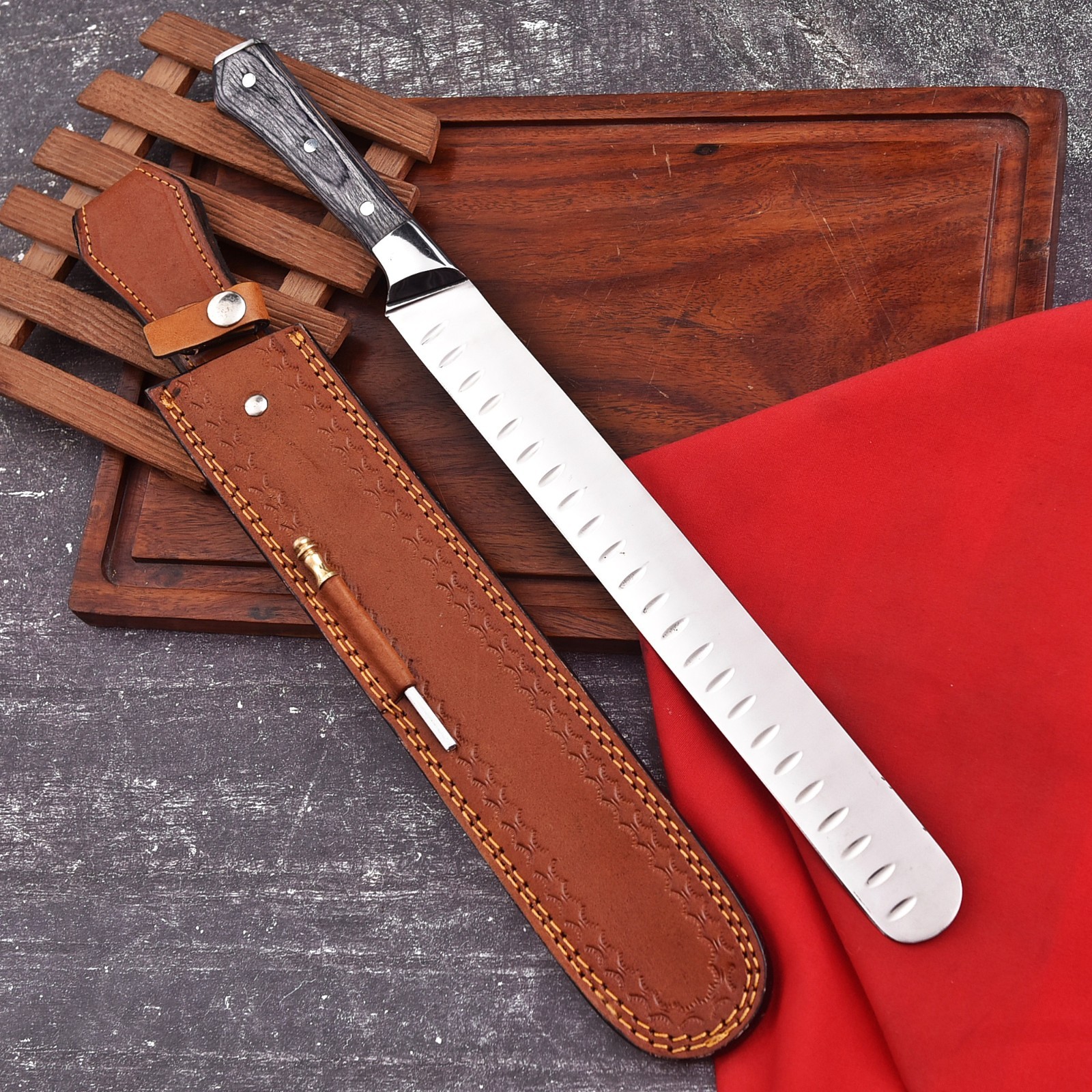 Hand Made17″ Brisket Slicing Knife Stainless Steel Granton Edge w/Leather Sheath