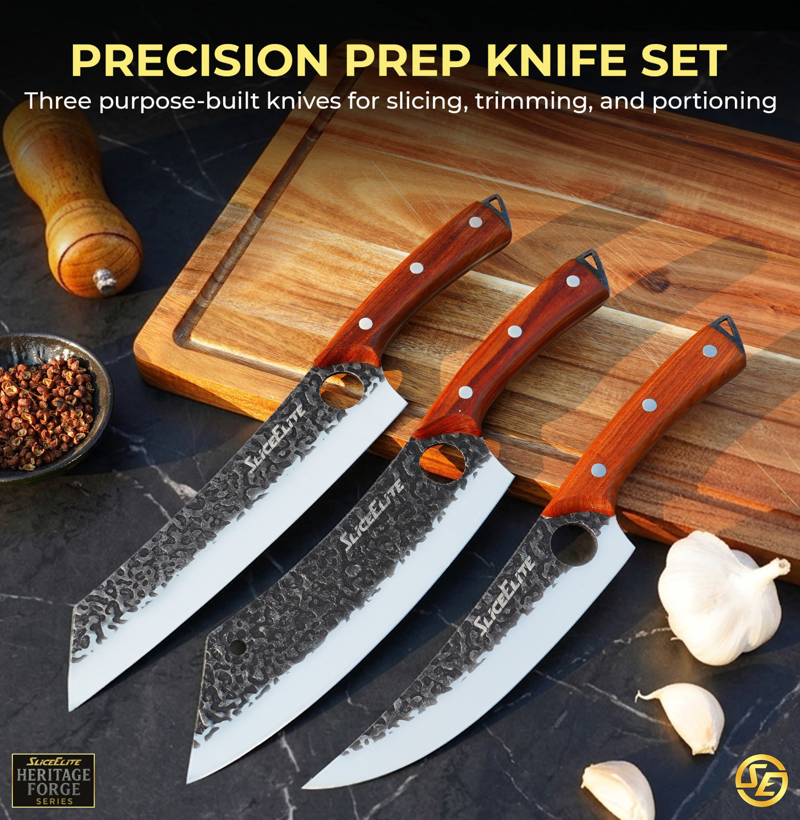 SliceElite 3pc Forged Knife Set Boning Scimitar Kiritsuke BBQ Kitchen