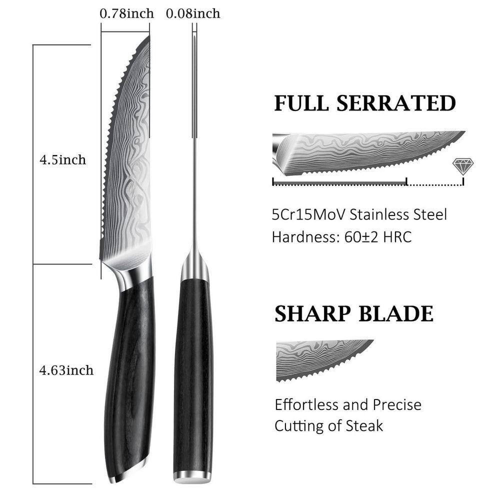 4.5In. Japanese Serrated Partial Tang Steak Knife Set, Ultra Sharp High Carbon P