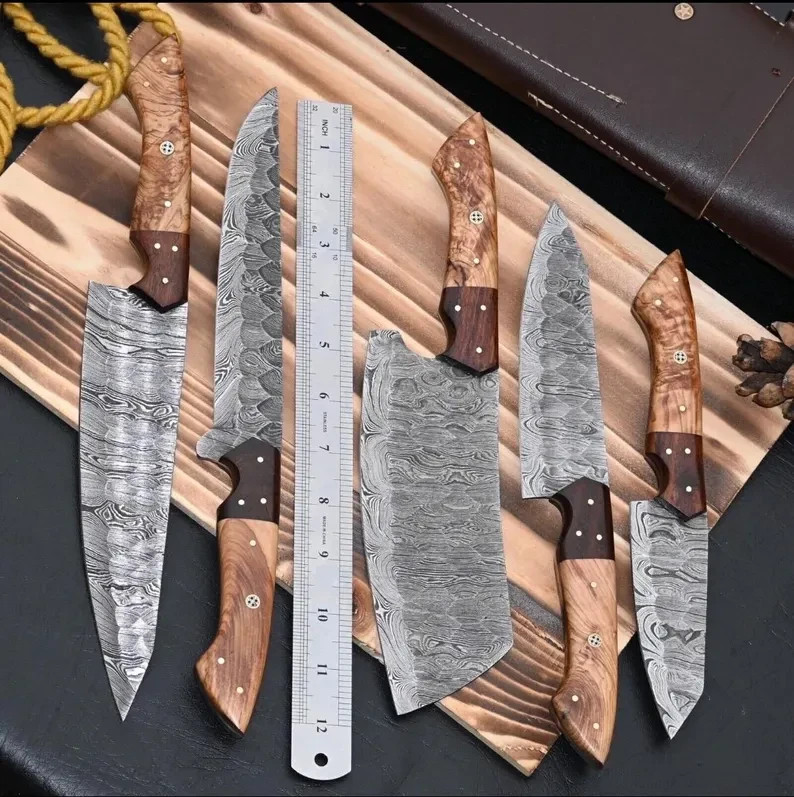 Handmade Damascus Steel Chef Knife Set with Leather Roll | Kitchen & BBQ Knives