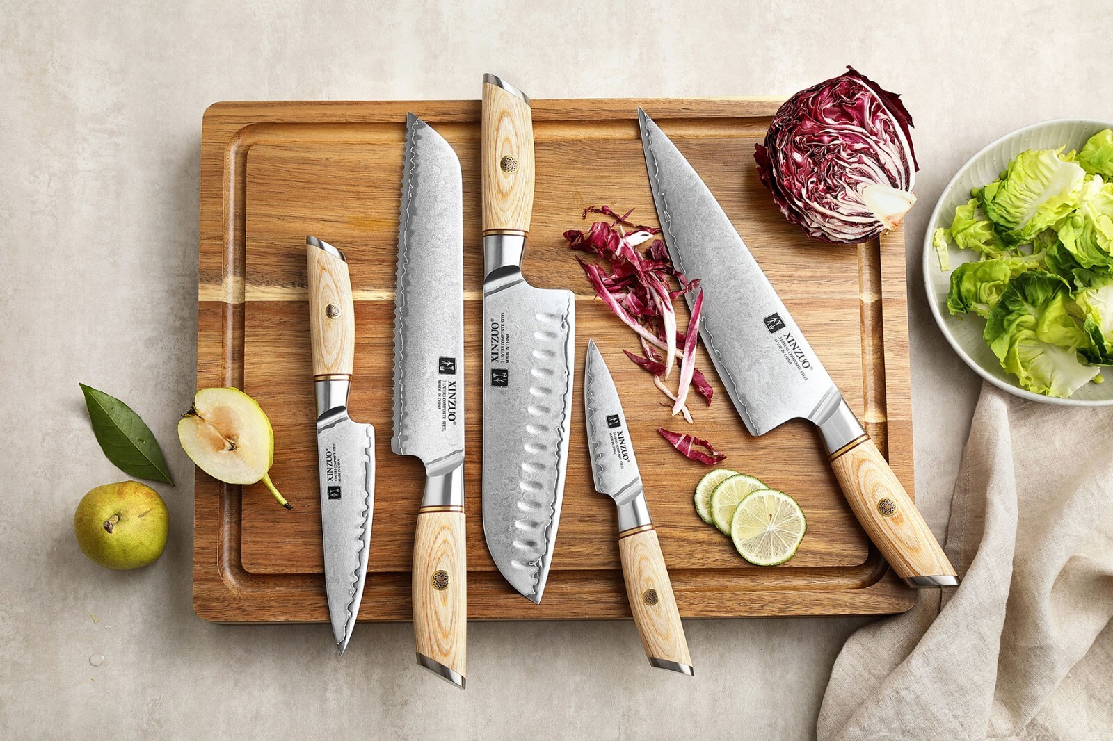 Xinzou B37S 5 Pcs Composite Stainless Steel Kitchen Knife Set Pakkawood Handle