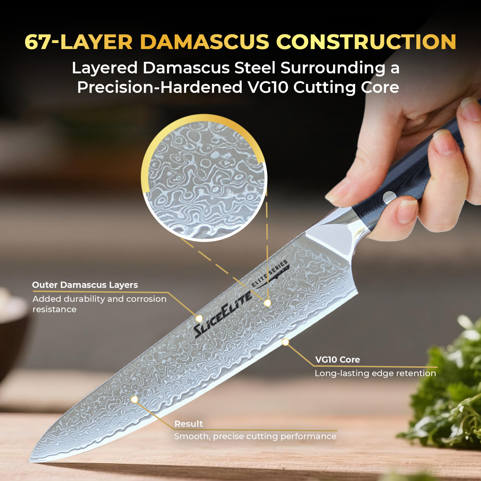 SliceElite Elite 12pc Damascus Knife Set VG10 Steel G10 Handle Gift Box