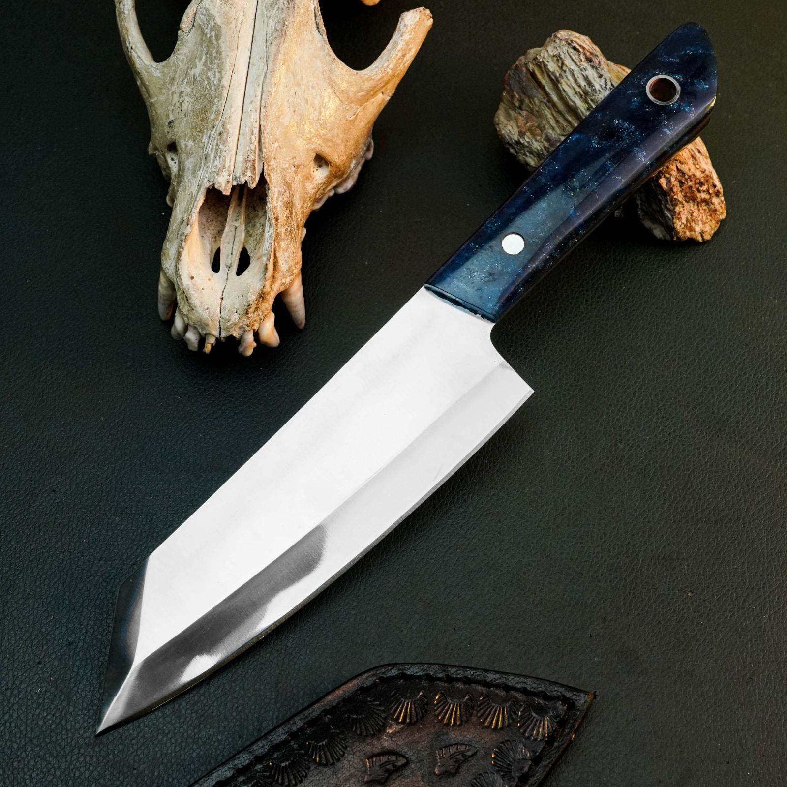 10.5″ D2 Kitchen Knife Full Tang Camping Resin Handle Chef Leather Sheath