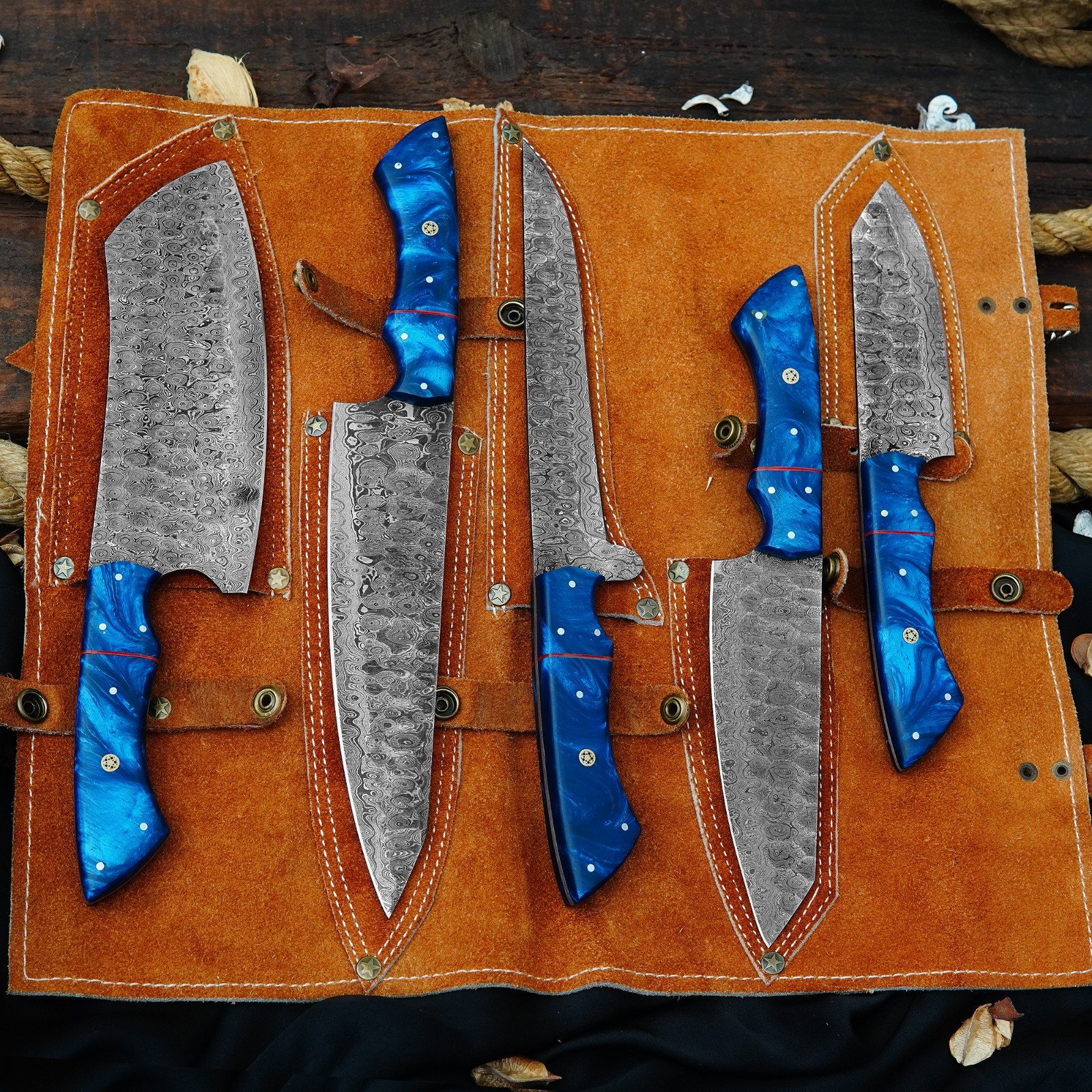 CUSTOM HANDMADE RAINDROP DAMASCUS HAMMERED 5 PIECES CHEF SET W/ LEATHER BAG