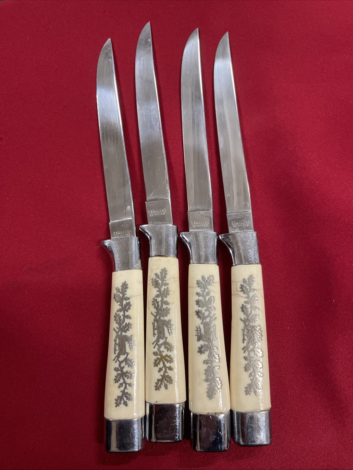 Set Lot 4 Arnart Stainless Germany Serrated Steak Knives Sterling Silver Inlay