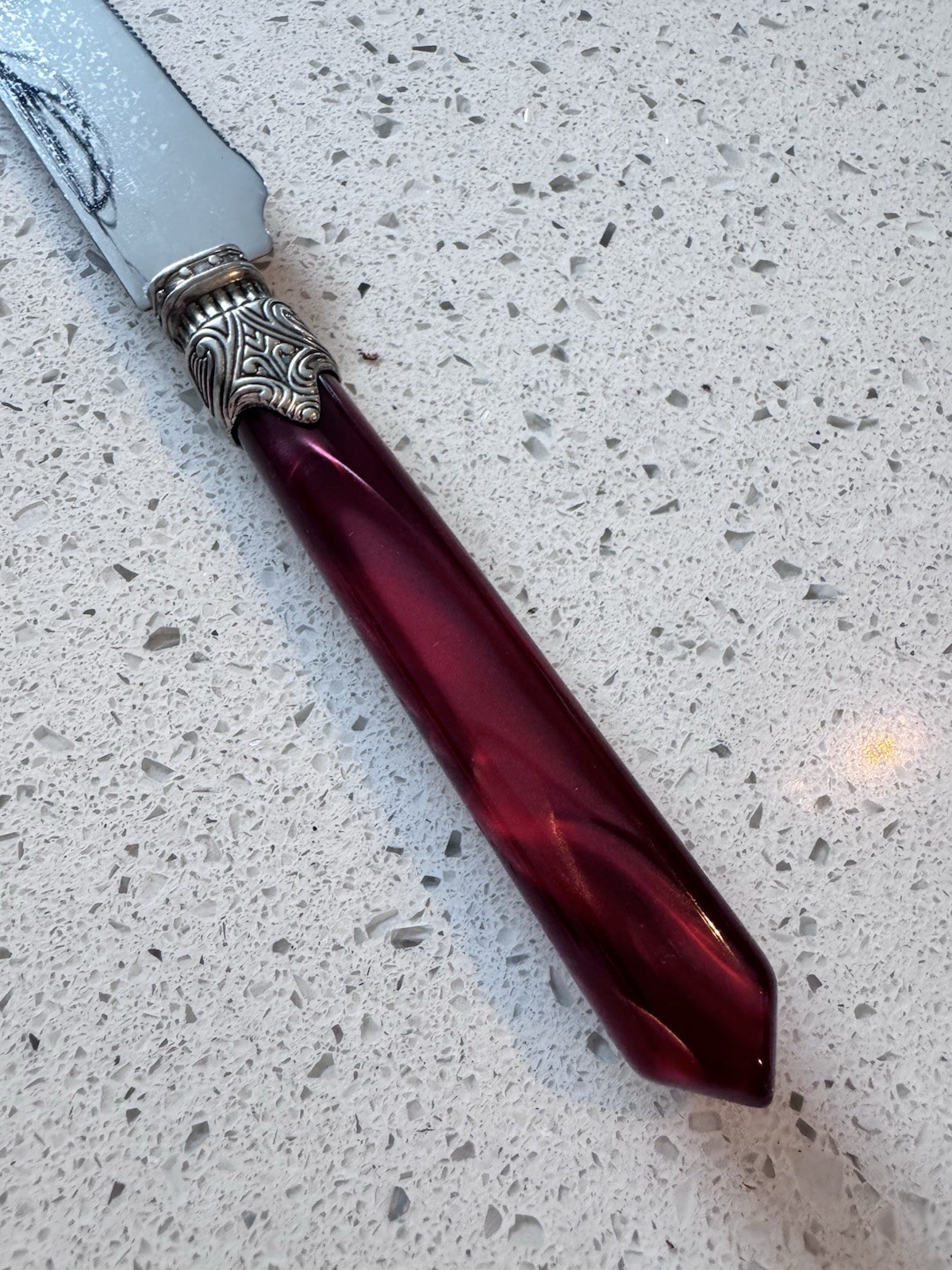 Vintage Inox made in Italy 18/10 bread knife 12” long Red Lucite Handle