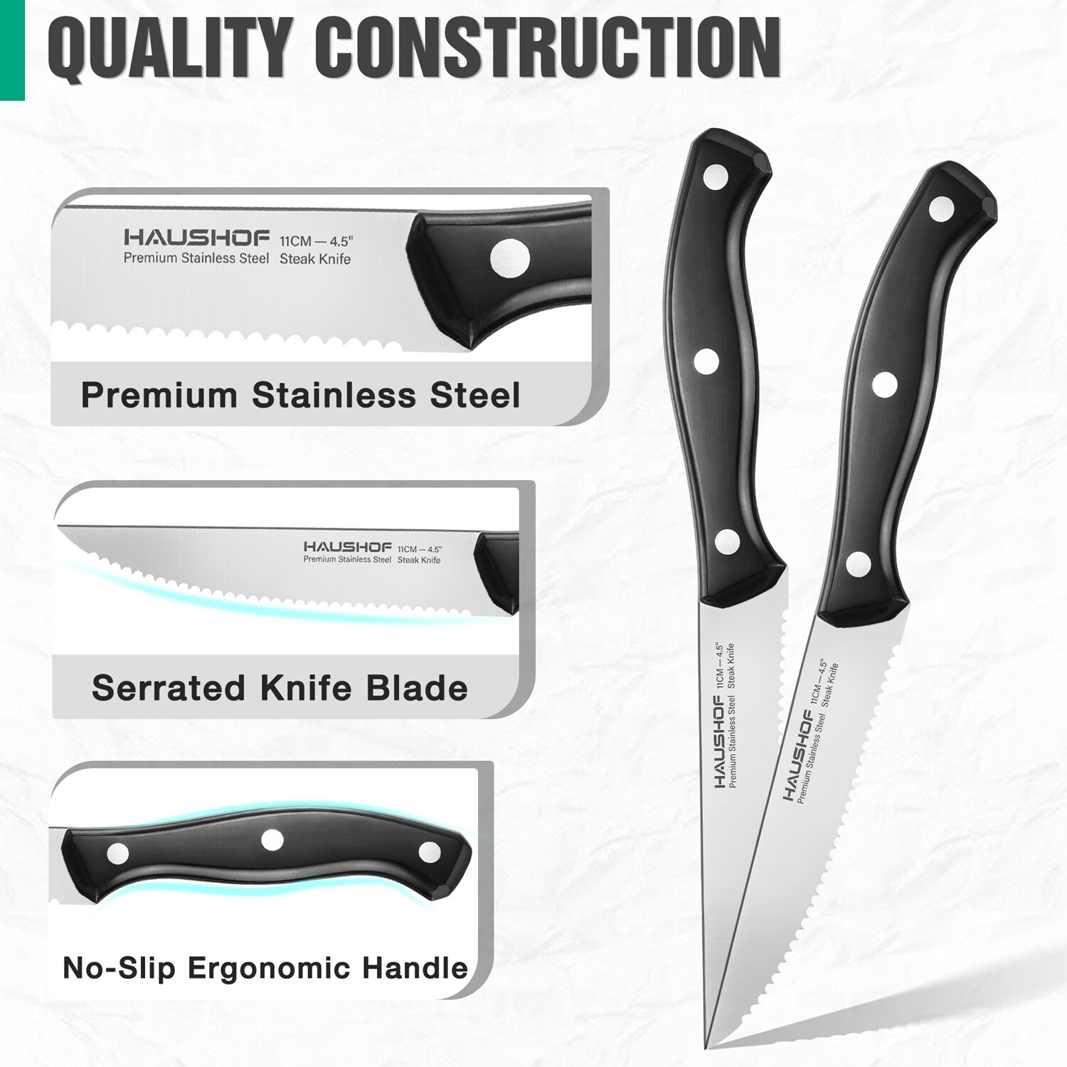 HAUSHOF 8PCS 9″ Steak Knives Set Serrated Full Tang Blade Stainless Steel Knives