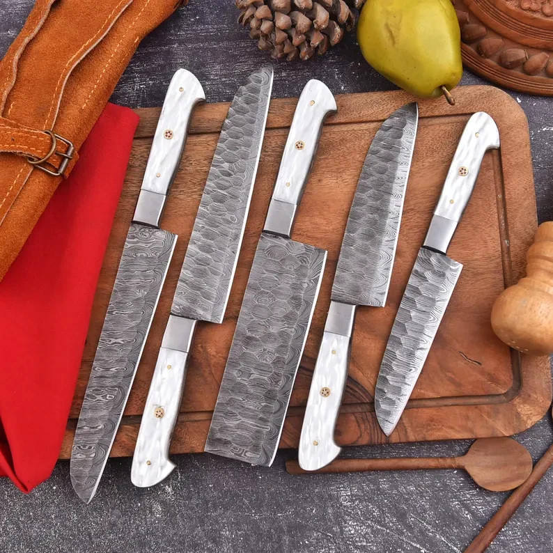 Handmade Damascus Chef Knife Set | 5-Piece Kitchen Knives with Leather Roll