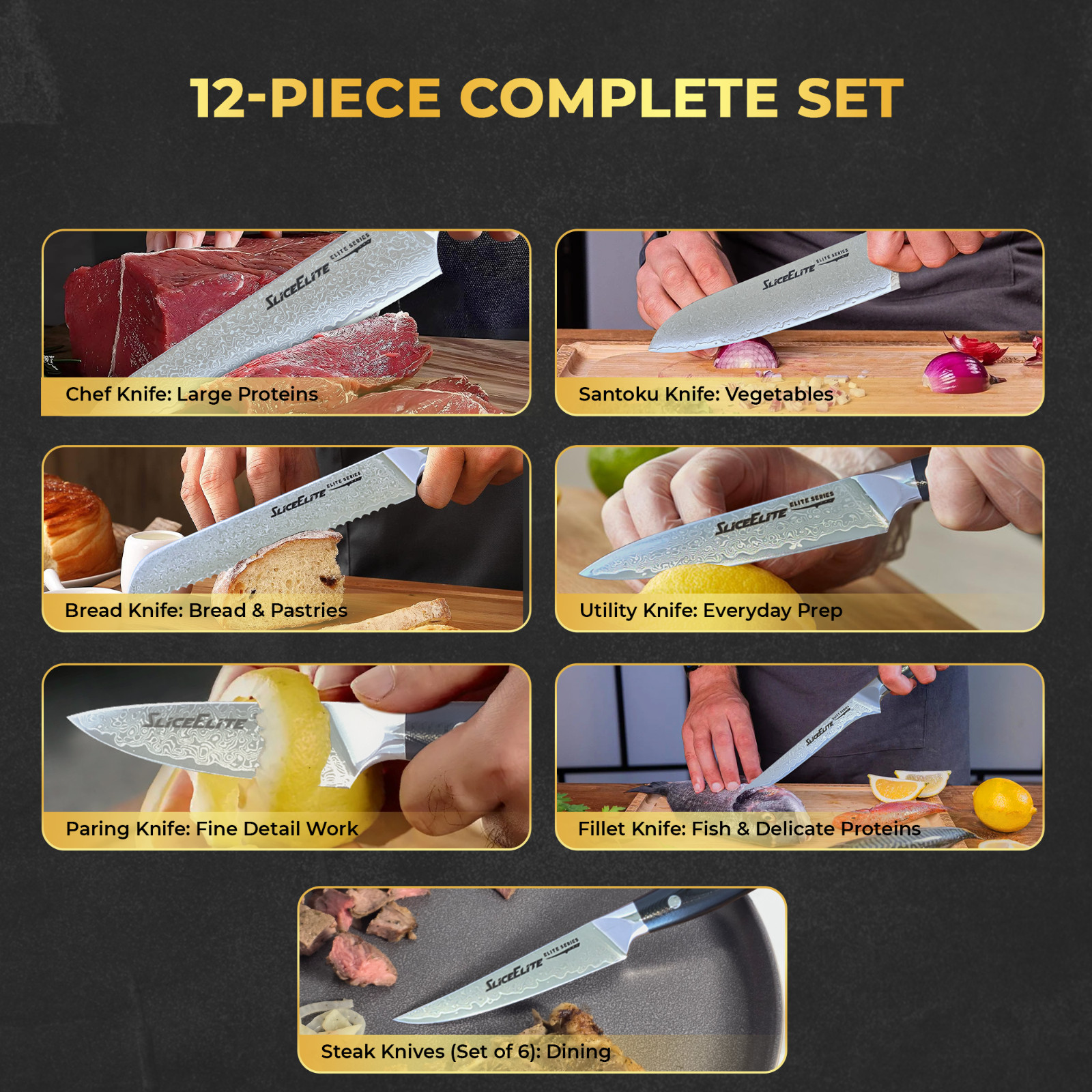 SliceElite Elite 12pc Damascus Knife Set VG10 Steel G10 Handle Gift Box
