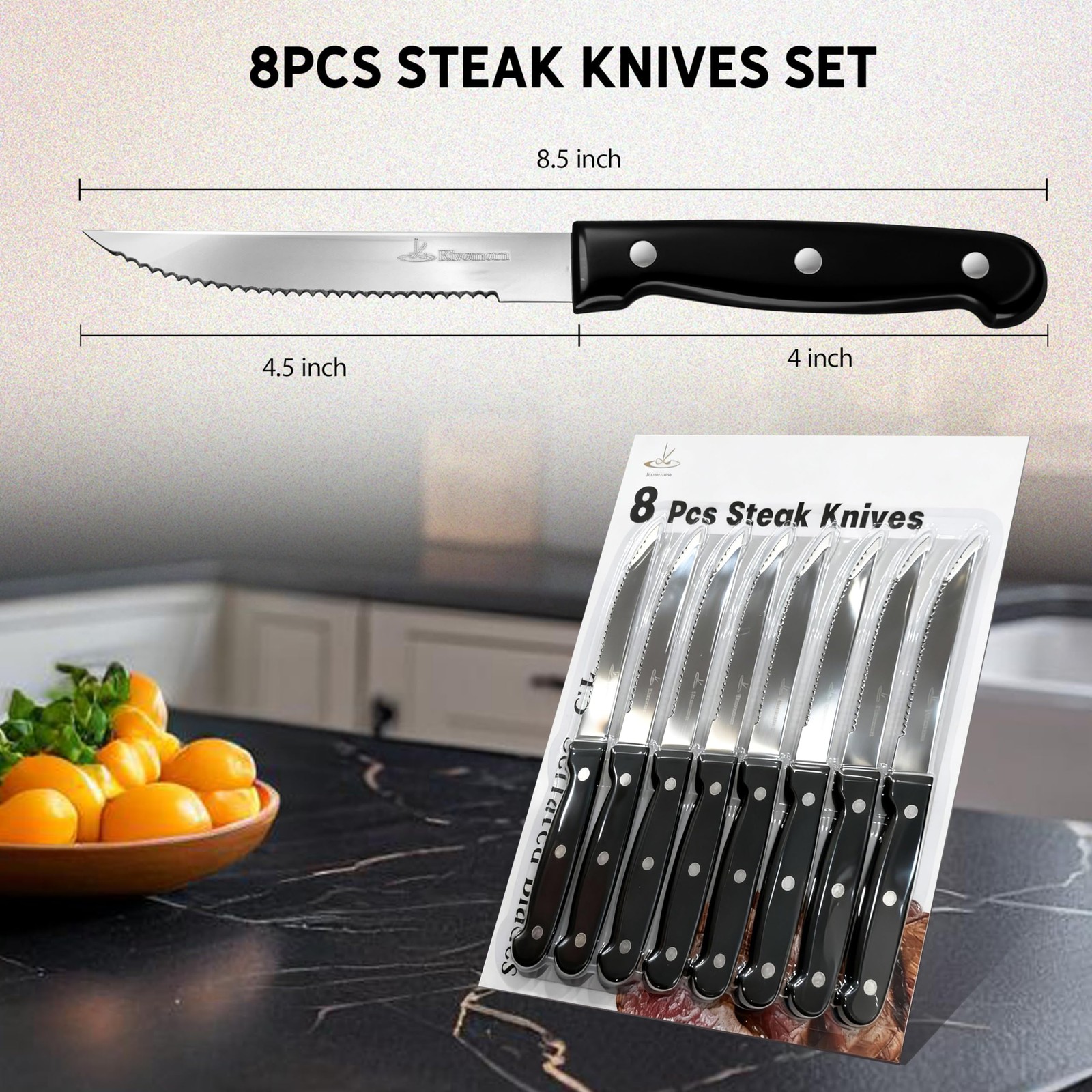 Upgraded Steak Knives Set of 8, Uncoated Stainless Steel Serrated Steak Knife…