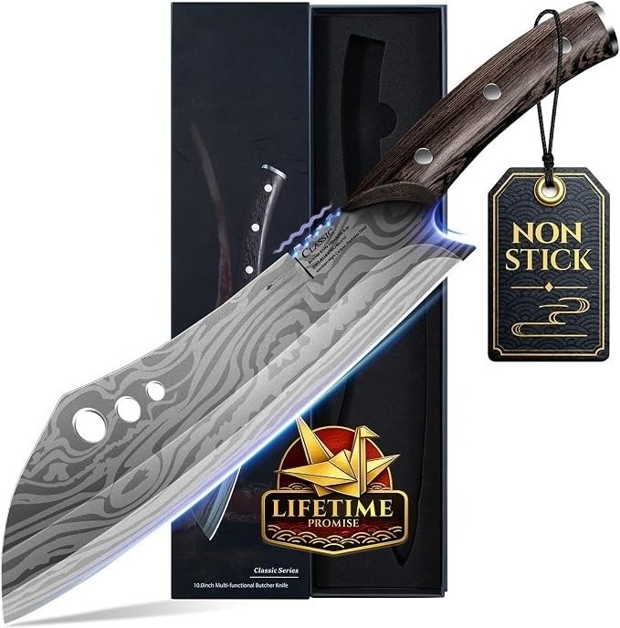 10 Inch Damascus Butcher Knife High Carbon Steel Full Tang Wenge Wood Cleaver