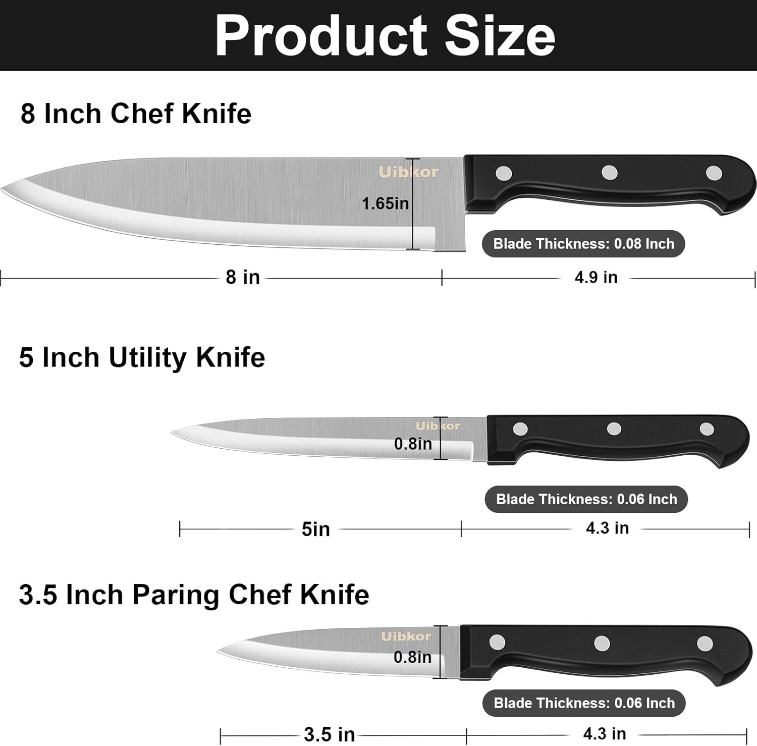 Kitchen Knife, 3-Pcs Knife Set, 8 Inch Chef Knife, 5 Inch Utility Knife, 3.5 Inc