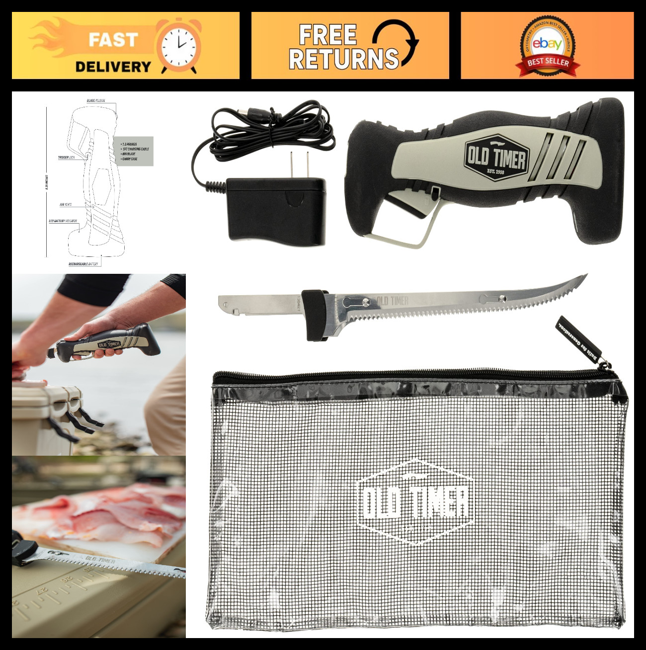 Rechargeable Electric Fillet Knife – 8″ High Carbon Stainless Steel Blade for Fi