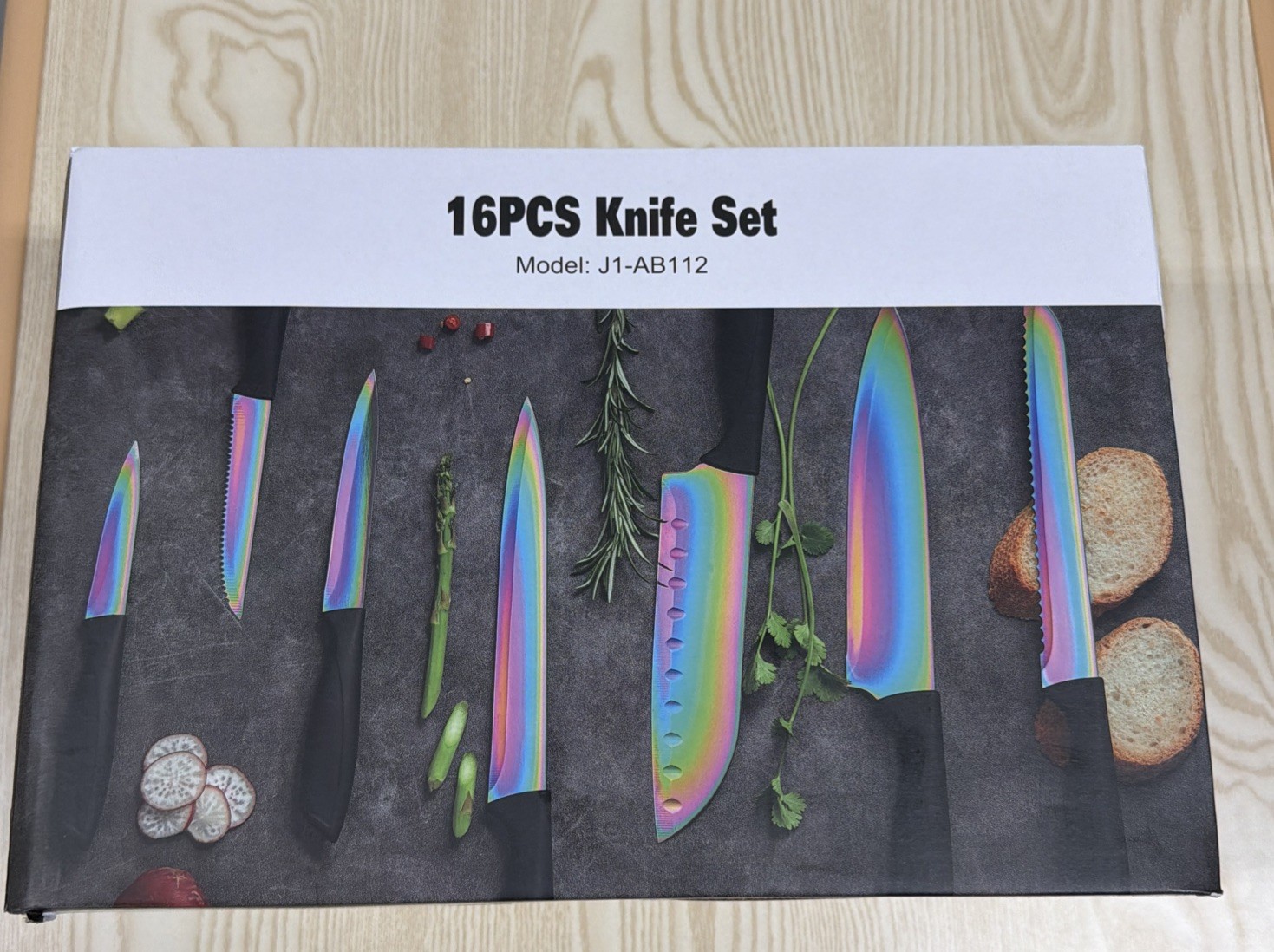 16-Piece Knife Set with Rainbow Titanium Coating – Includes Serrated Steak Knive