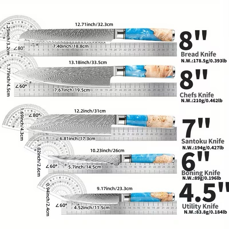 Damascus Steel Knife – 5 Piece Set – Unique Blue Resin Wood Handle w/ Gift Box