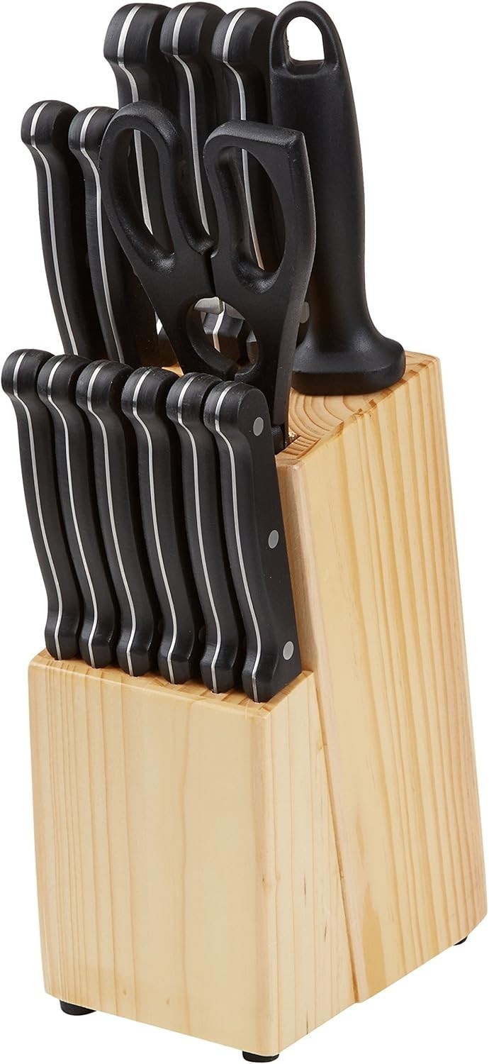 Luxurious 14-Piece High Carbon Stainless Steel Knife Set with Pinewood Block