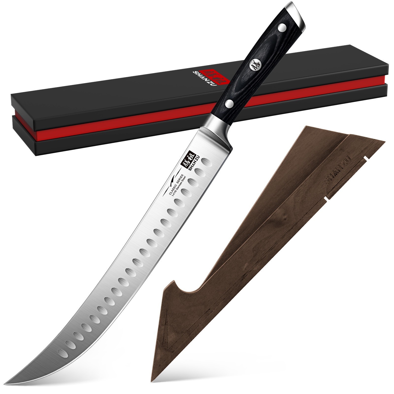 SHAN ZU 12″ Slicing Knife Brisket Slicing Meat Carving Knife with Wood Sheath