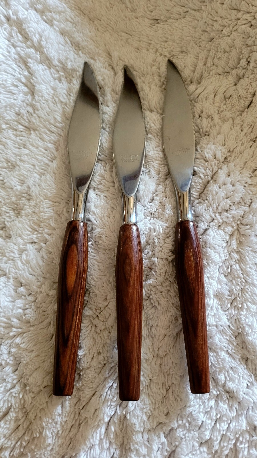 Vtg. Mode Danish Teak wood handle steak/serv. knife set of 3 Stainless Japan