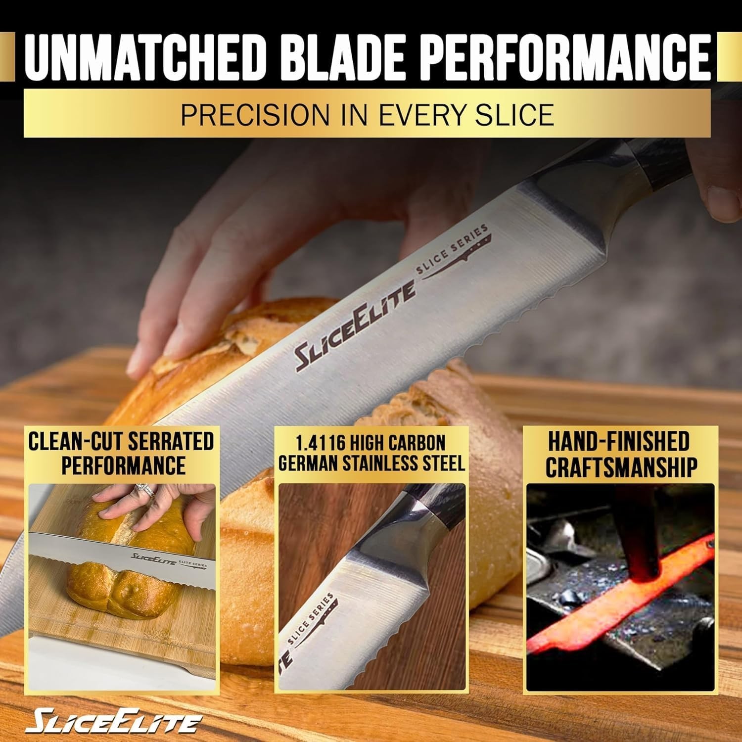 SliceElite 8 Inch Bread Knife High Carbon German Steel Serrated Kitchen