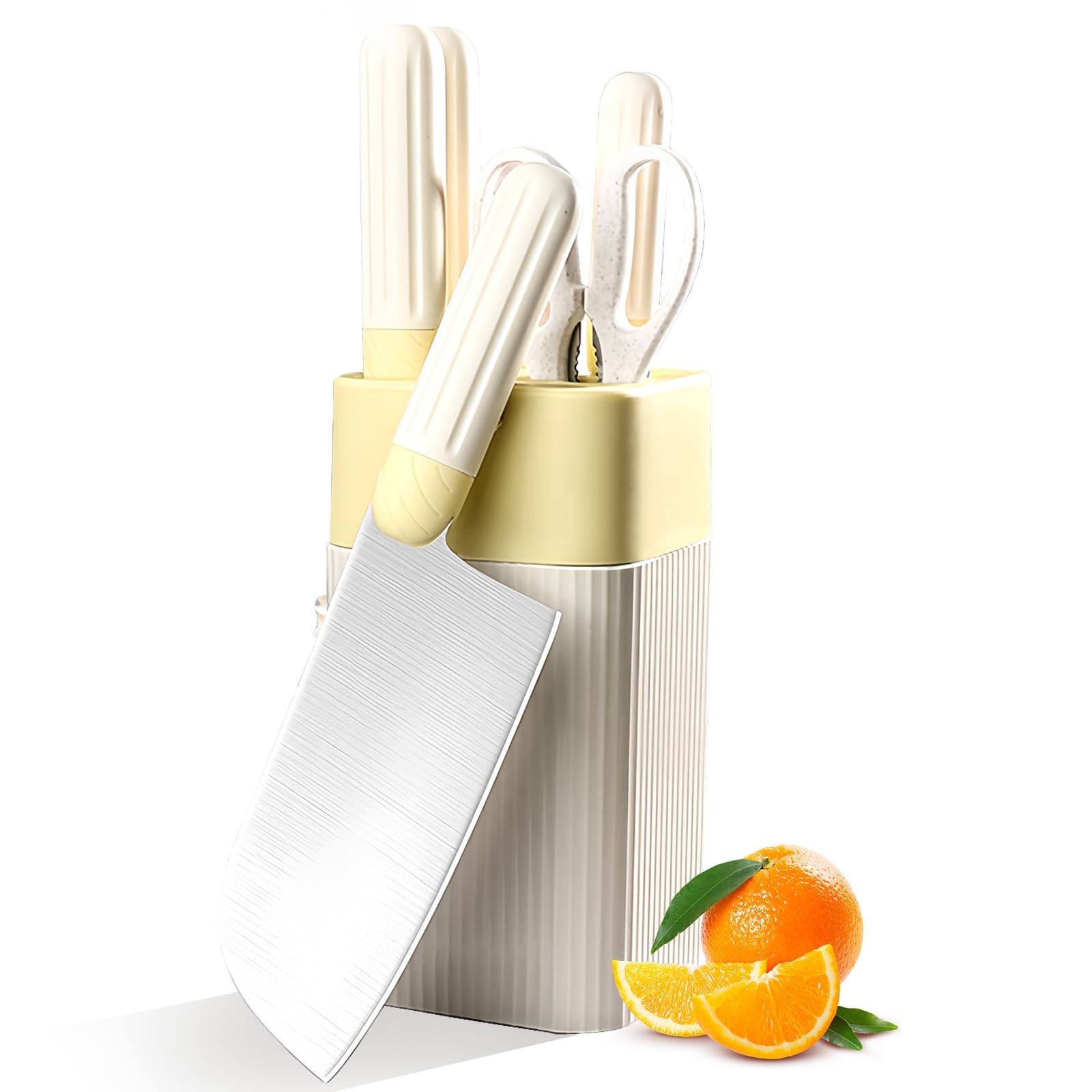6 PCS Knife Block Set Stainless Steel Cutlery Chef Knives Yellow Handle