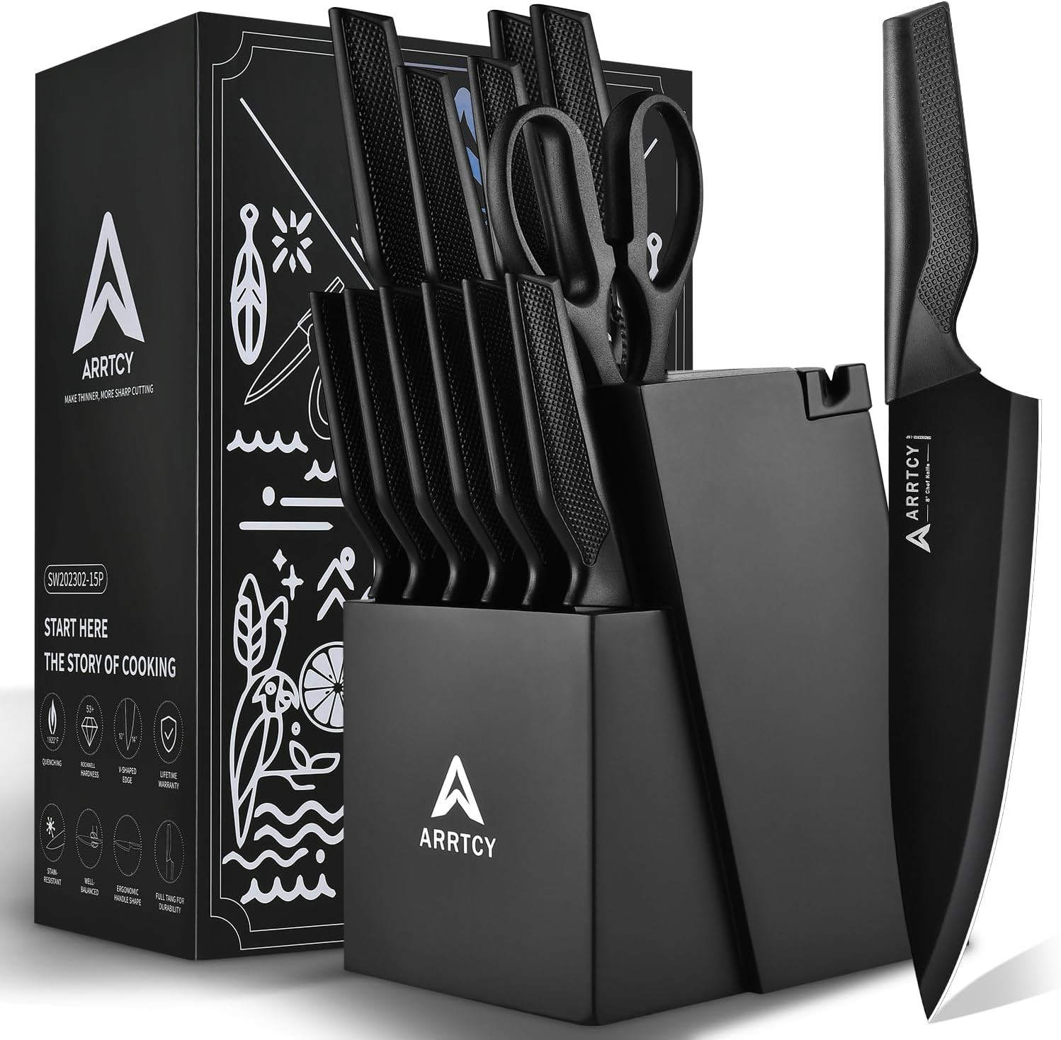 Knife Set with Block – Kitchen Knife Set German High-Carbon Steel – 15-Piece wit