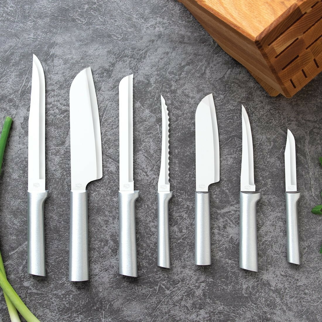 Rada Oak Block + 7pc Kitchen Cutlery Knives S58 Silver Made in America NEW