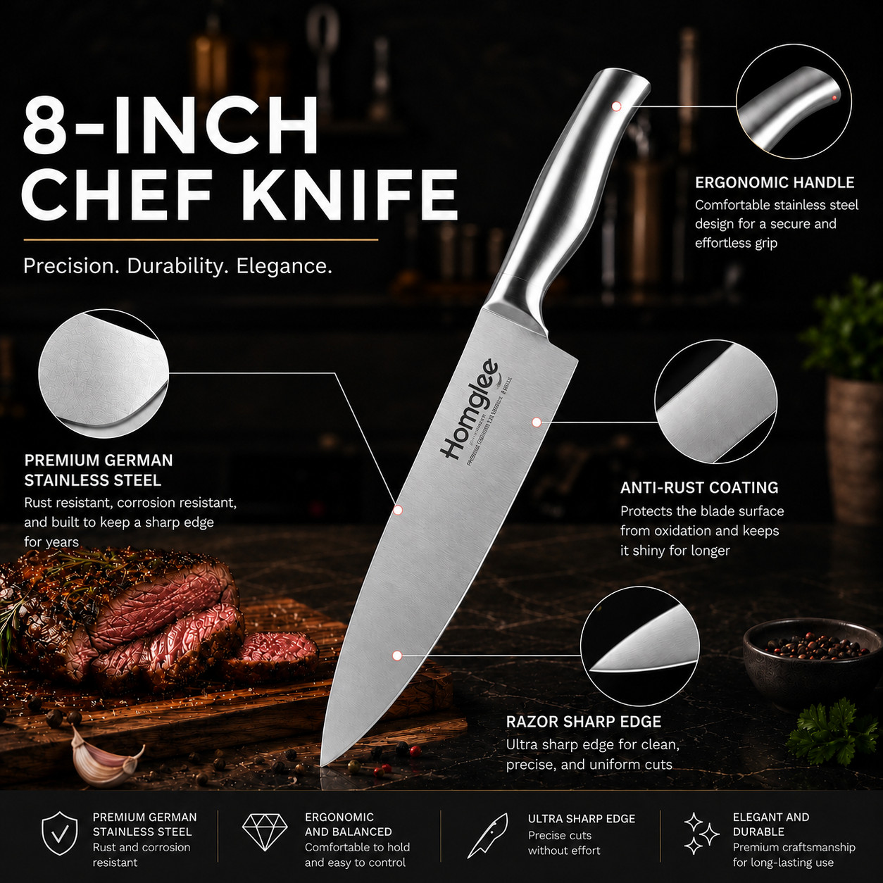 Homglee 14-Piece Kitchen Knife Set w/Wood Block- Ultra Sharp Chef Knives
