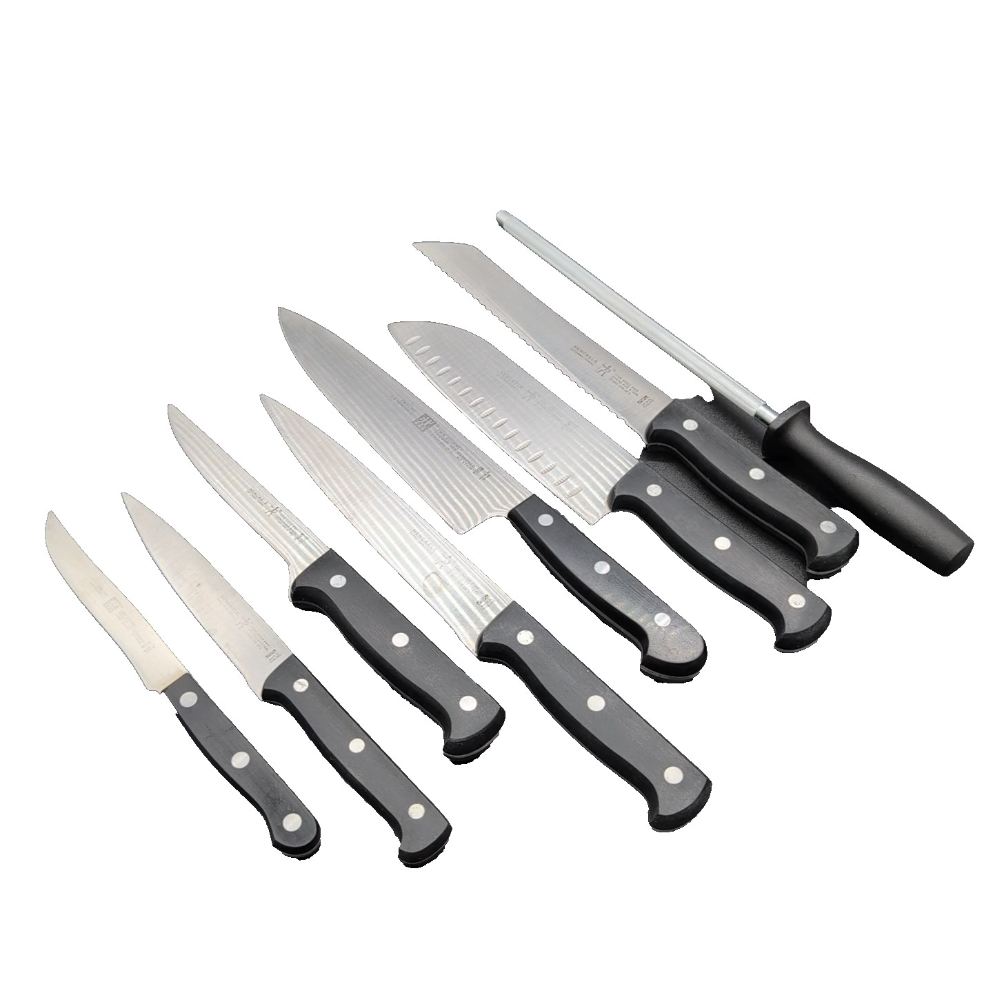 Lot Of 7 JA HENCKELS Knives Asst. & Honing Rod Sharpener Fine Edge Twin Gourmet