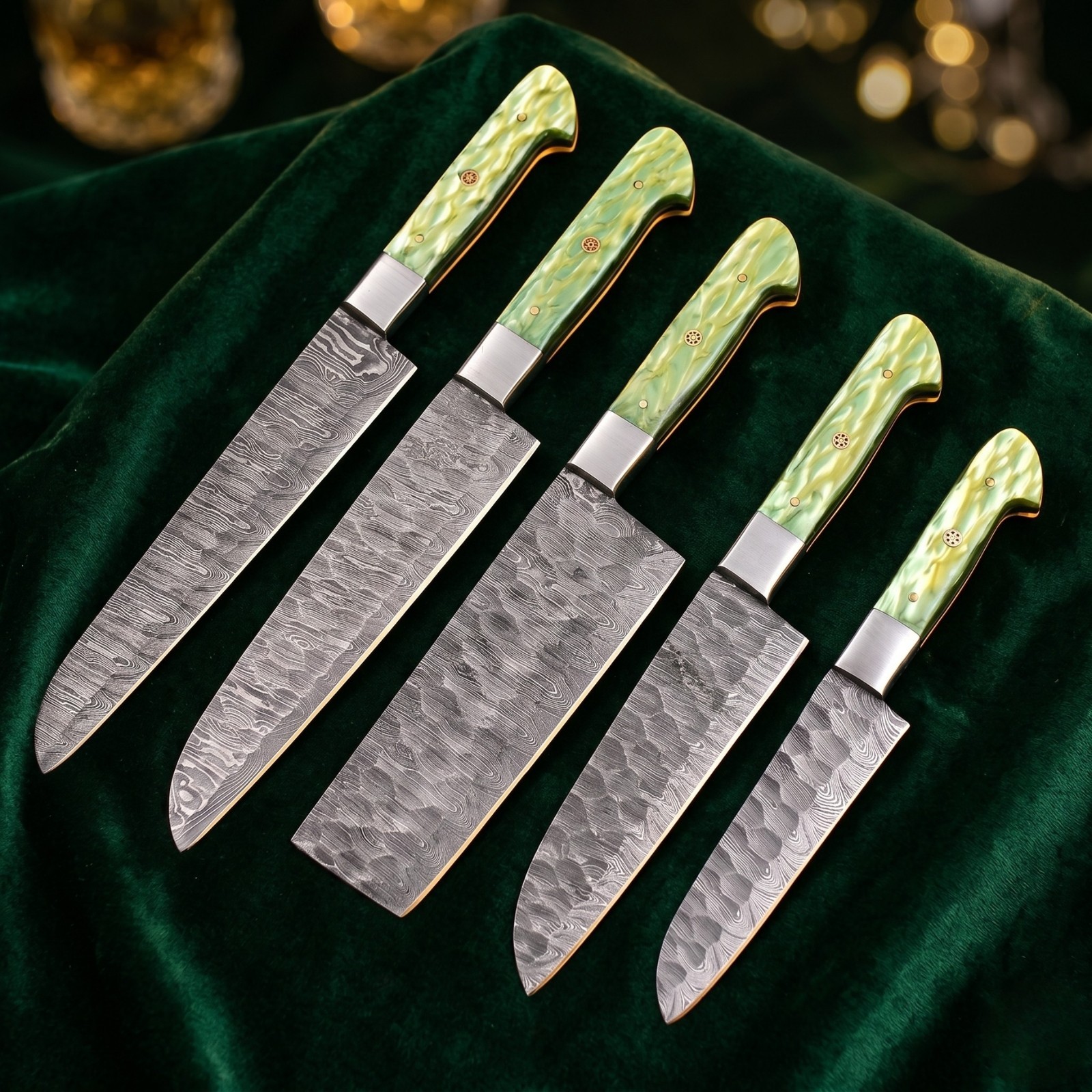 Hammered Damascus BBQ Chef Knife Set Green Epoxy Resin Handle with Leather Roll