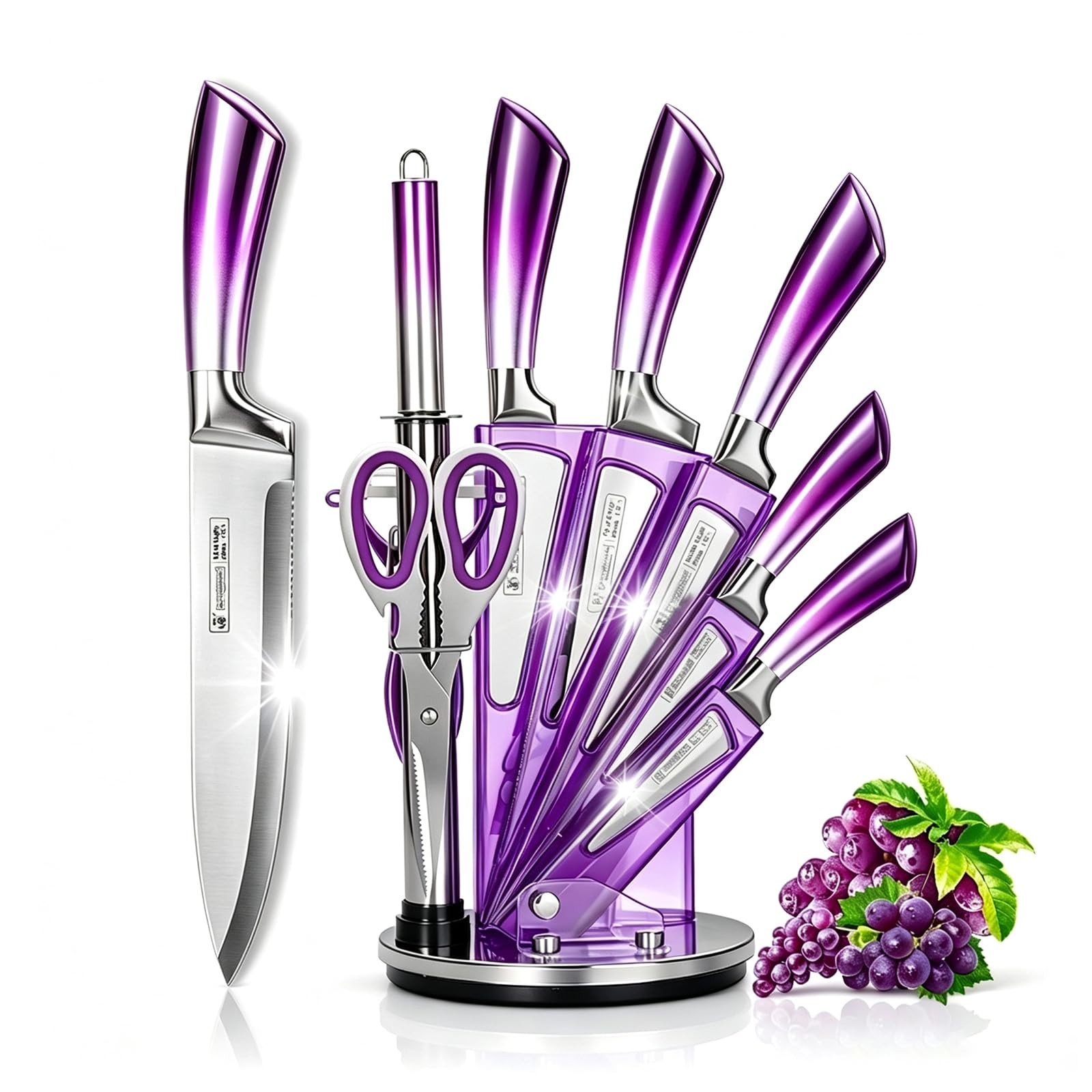 Elegant Purple 9-Piece Kitchen Knife Set with Acrylic Block,Non Stick Sharp S…