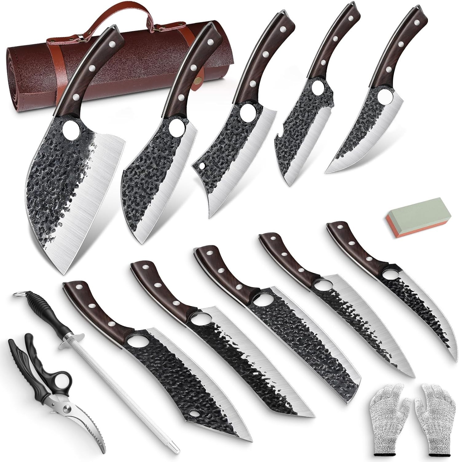 Serbian Chef Knife Set Hand Forged Butcher Knife Set with Bag Brisket & Trimming