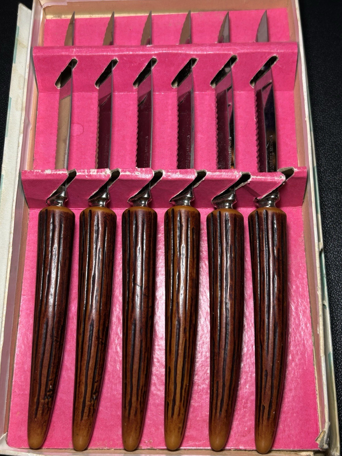 Forgecraft Stainless Steel Knife Set of 6 VTG Steak Knives Antler Handles NIB