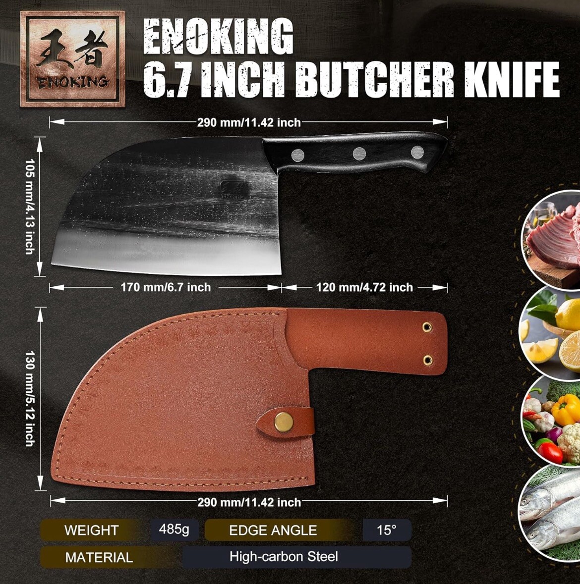 NEW ENOKING 6.5” Serbian Hand Forged German Steel Chef’s Meat Cleaver + L Sheath