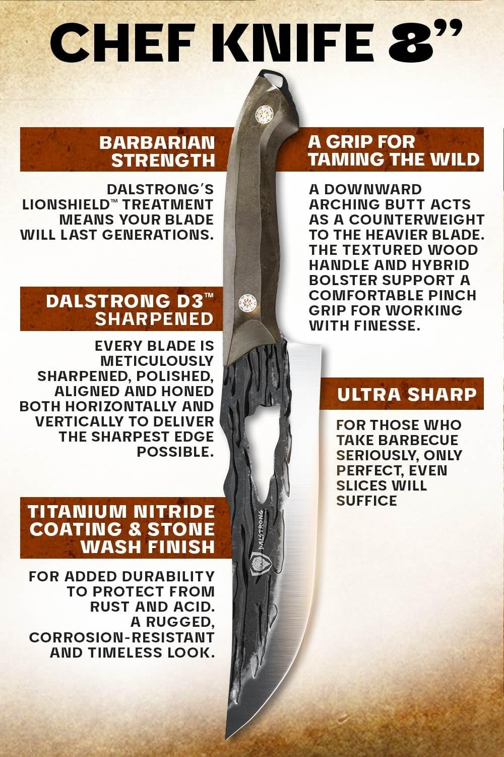 Chef Knife – 8 inch – Barbarian Series – Swedish 14C28N High Carbon Stainles…