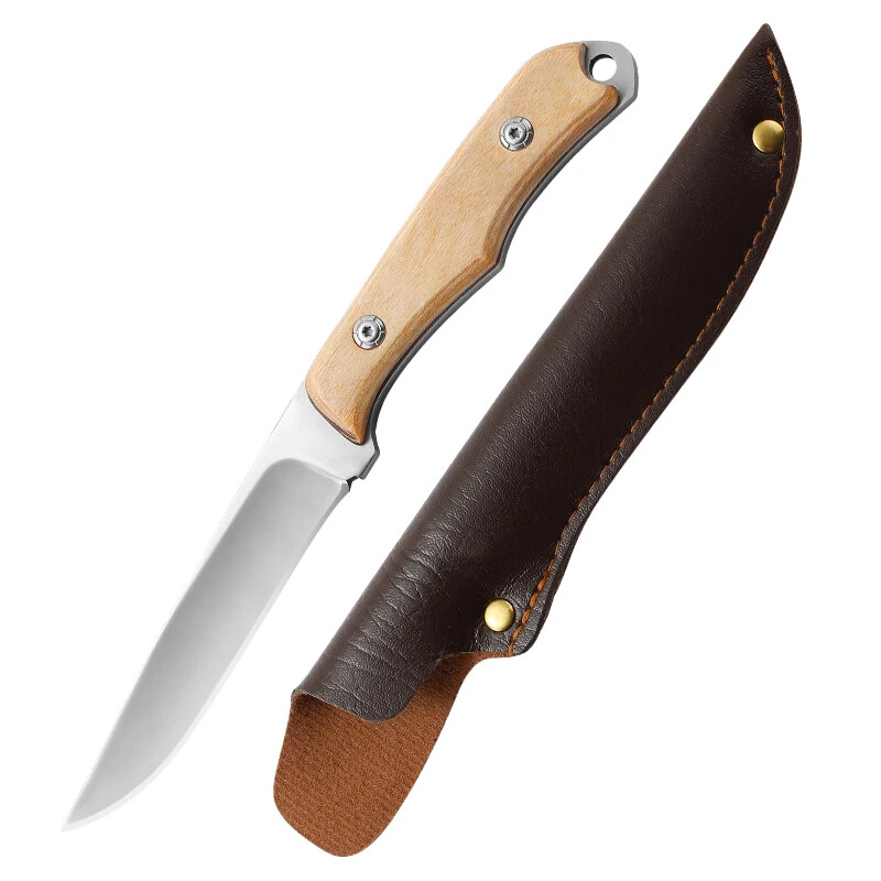 portable steel knife with sheath and wood handle for grilling and fruit cutting