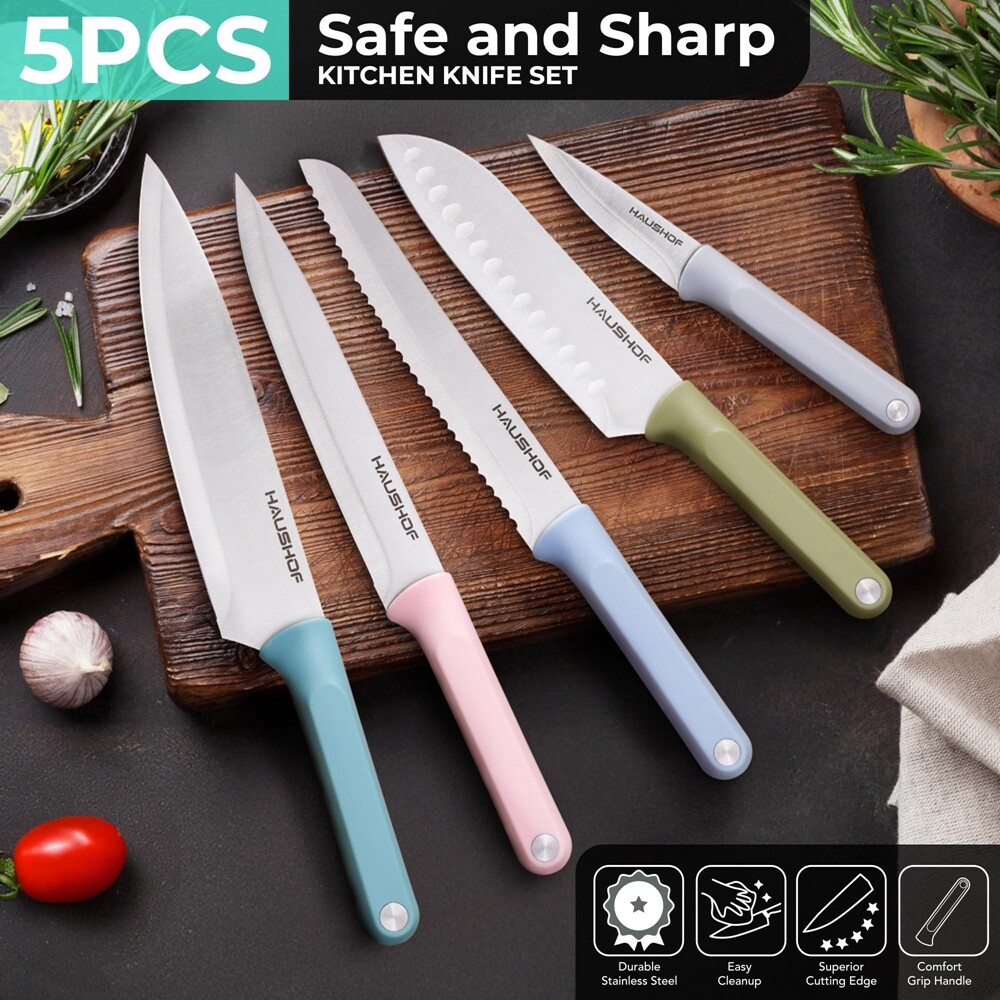 HAUSHOF 5PC Kitchen Knife Set Non-Stick Coated Stainless Steel Blade with Sheath