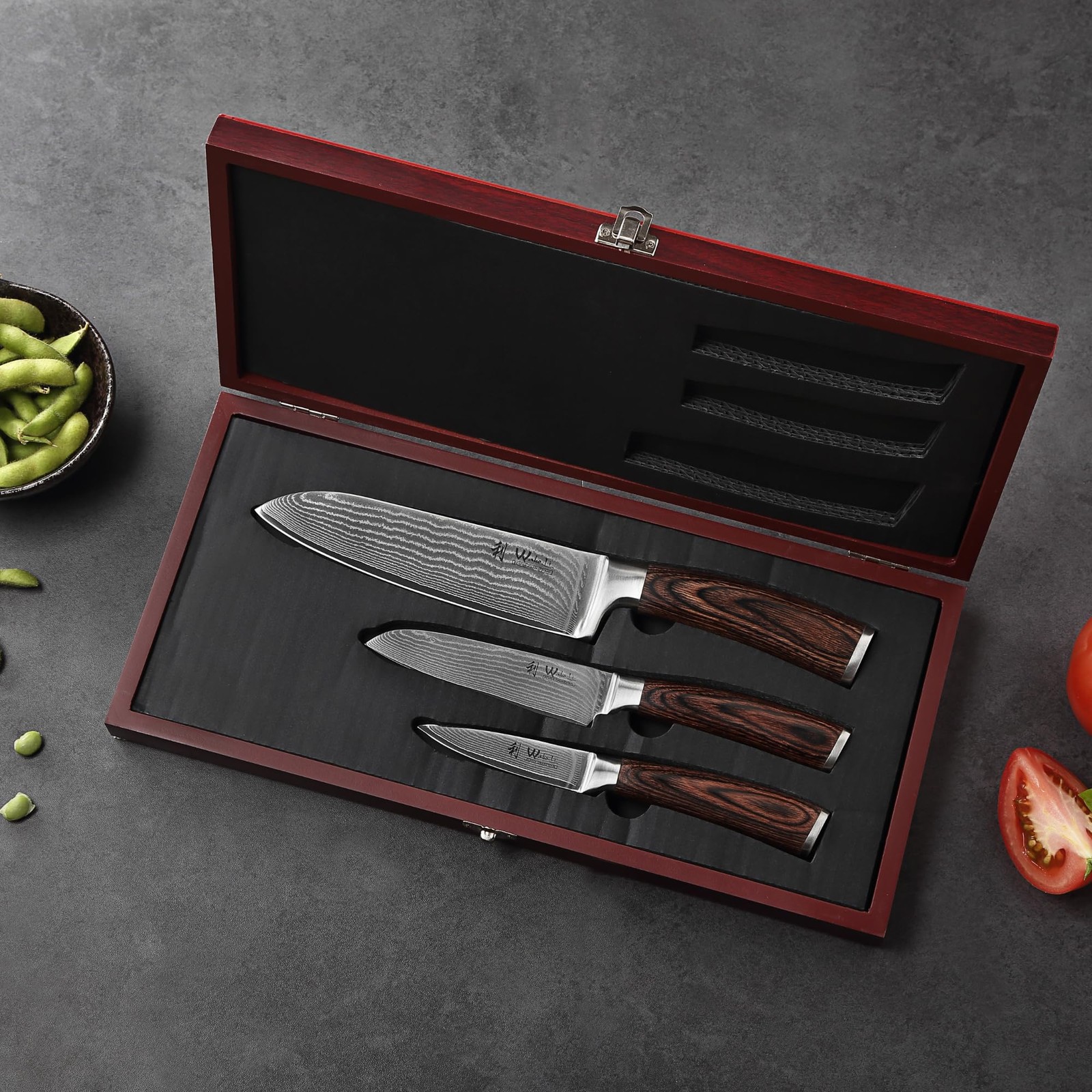 Wakoli EDIB 3-Piece Damascus Kitchen Knife Set in Wooden Gift Box – (VG10 Core)