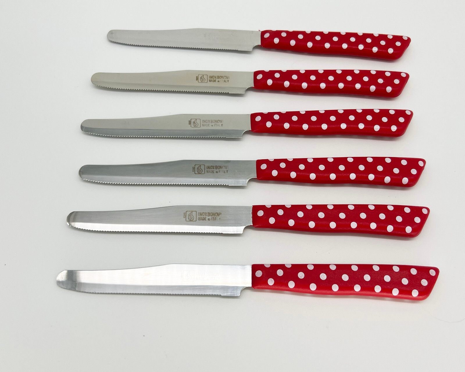 6 Serrated Steak Knives Bonomi Inox Italy Stainless Steel Red White Polka Dot