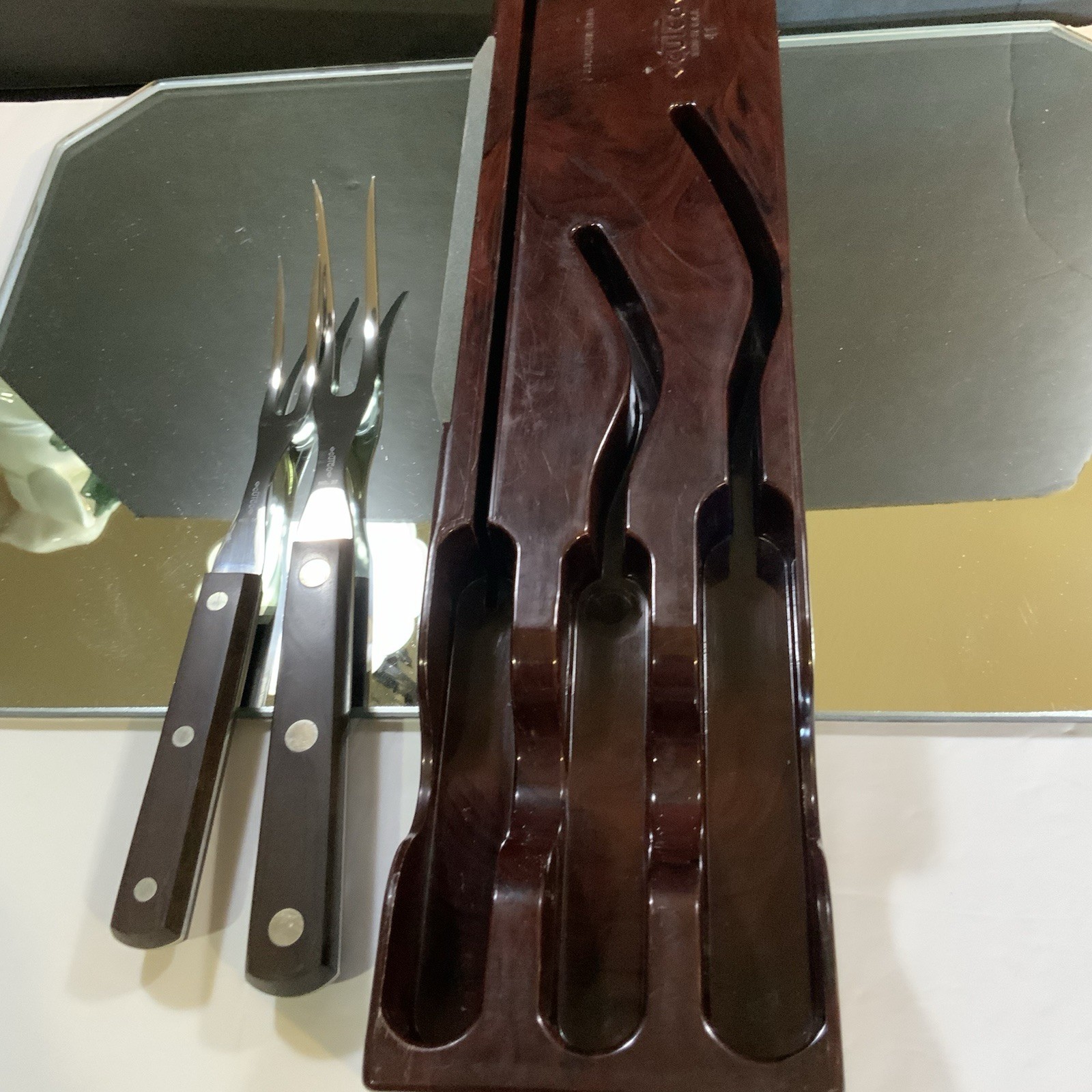 Vintage Cutco 2 Meat Forks Bakelite Style Tray Honing Stone Stainless Steel #69