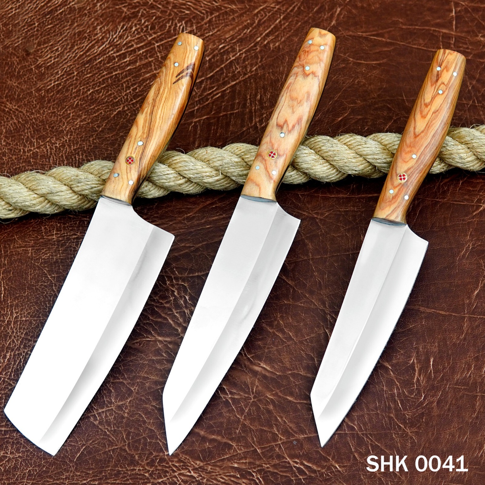 Custom Handmade D2 Tool Steel 3 piece Chef Set with Leather Sheath heavy Duty