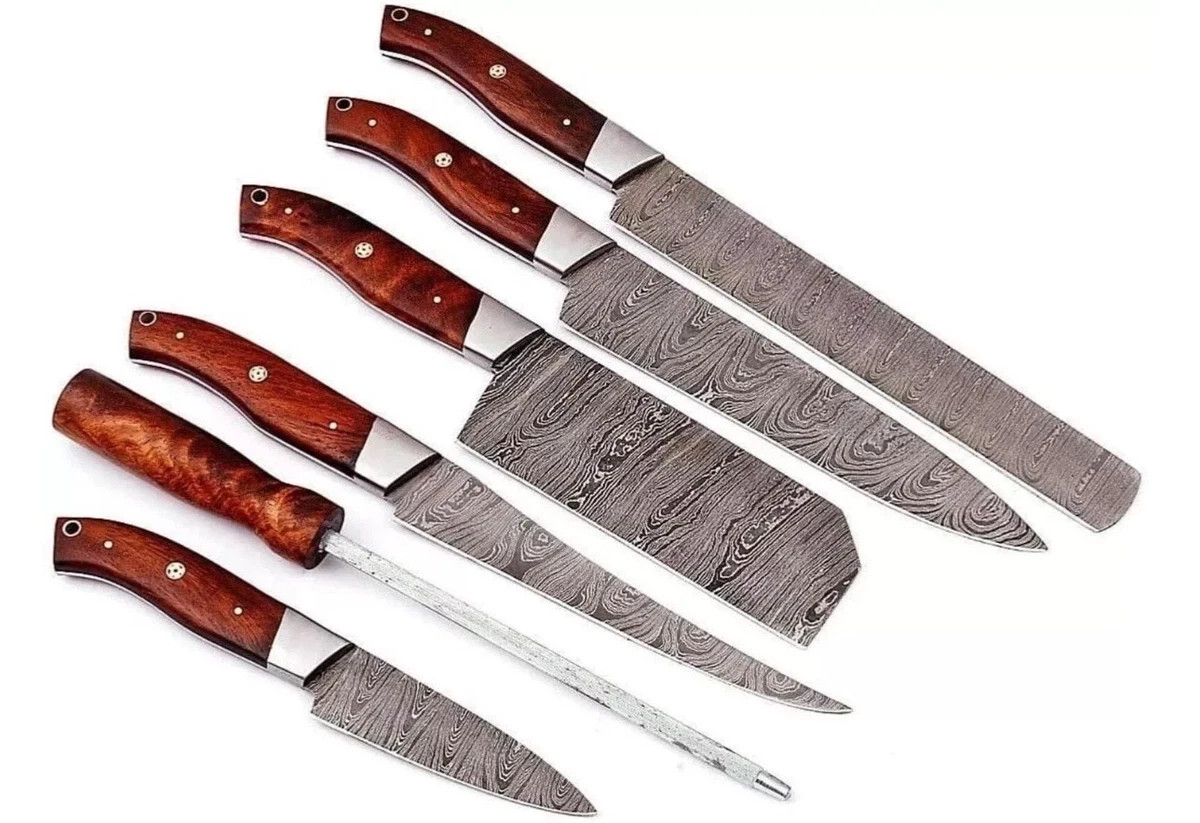 Handmade 6 Damascus Steel BBQ Kitchen Chef knife set with leather roll bag|