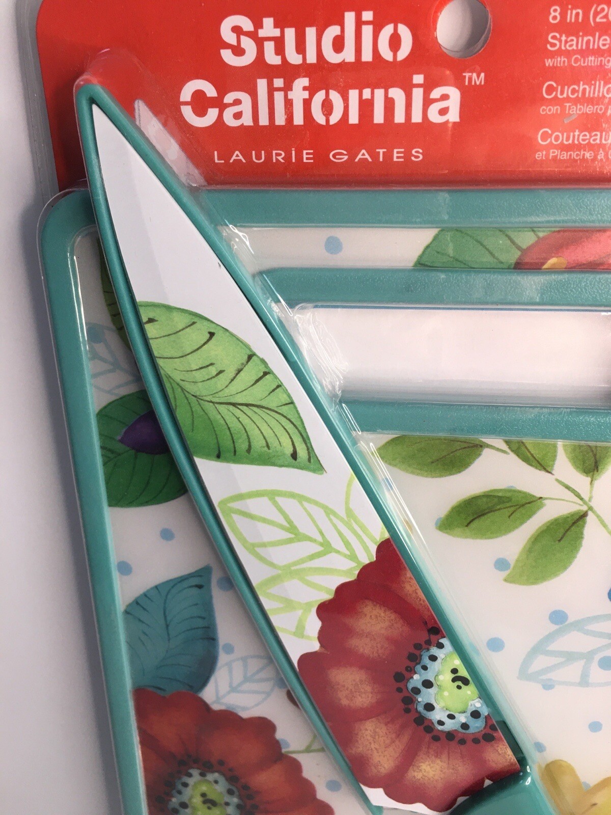 8″ Stainless Steel Chef Knife, Sheath + Cutting Board, Teal Floral Design NEW