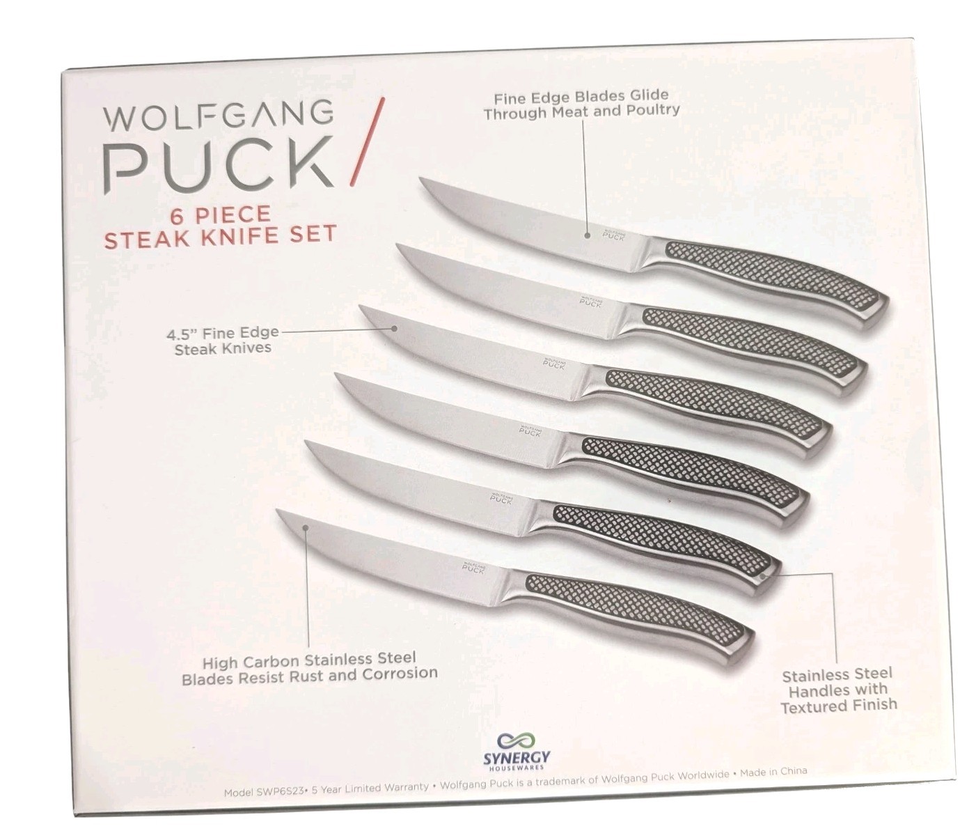 Wolfgang Puck 6 Piece Stainless Steel Steak Knife Set-Black-NEW IN BOX