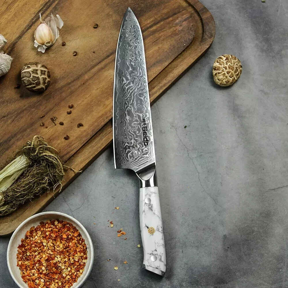 Seido Knives Takoizu Gyuto, 8″ Chef Knife VG-10 Super Steel, White Turquoise