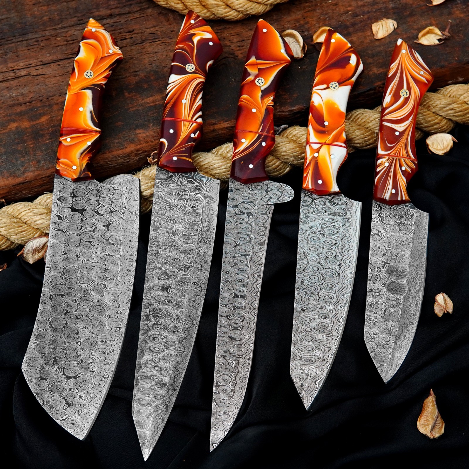 CUSTOM HANDMADE RAINDROP DAMASCUS HAMMERED 5 PIECES CHEF SET W/ LEATHER BAG
