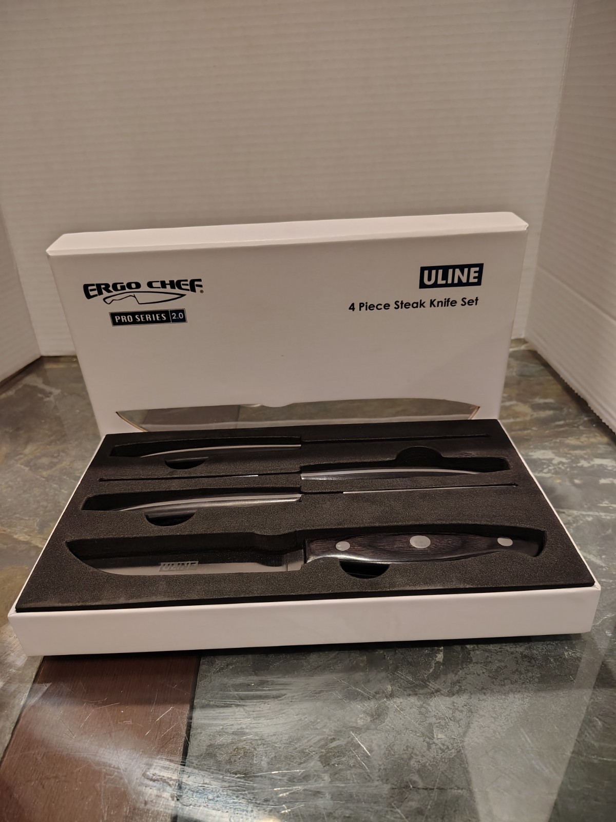 ULINE Ergo Chef Pro Series 2.0 4 Piece Steak Knife Set Stainless Steel Wood Grip