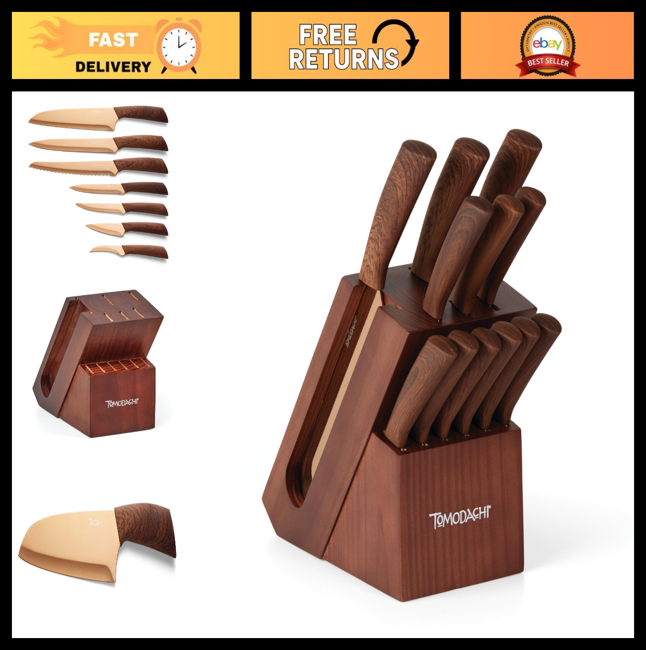 13-Piece Copper Knife Block Set, Brown Wood Kitchen Cutlery, Sharp & Durable