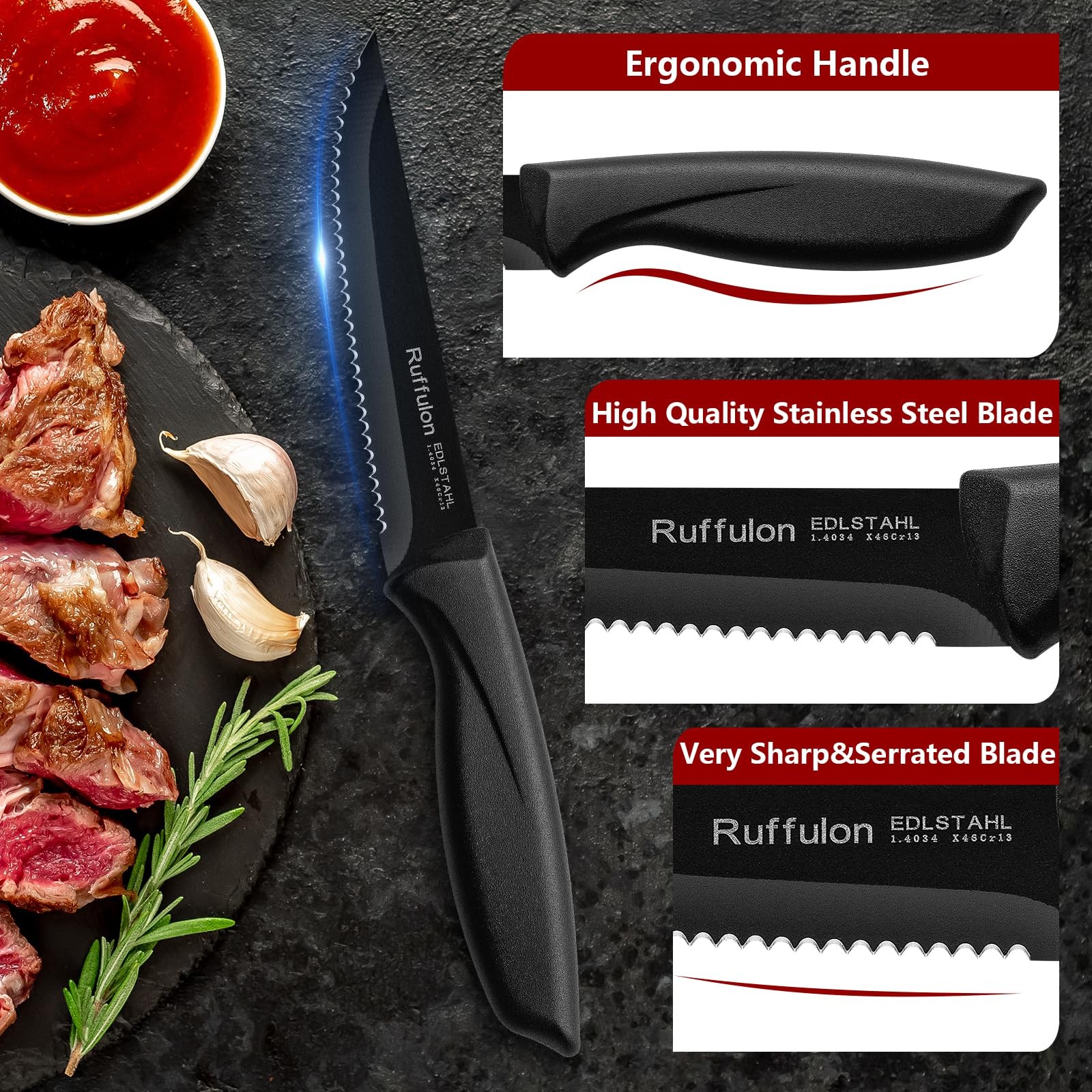 Ruffulon Steak Knives,Steak Knife Set of 4,Serrated Edge Stainless Steel Stea…