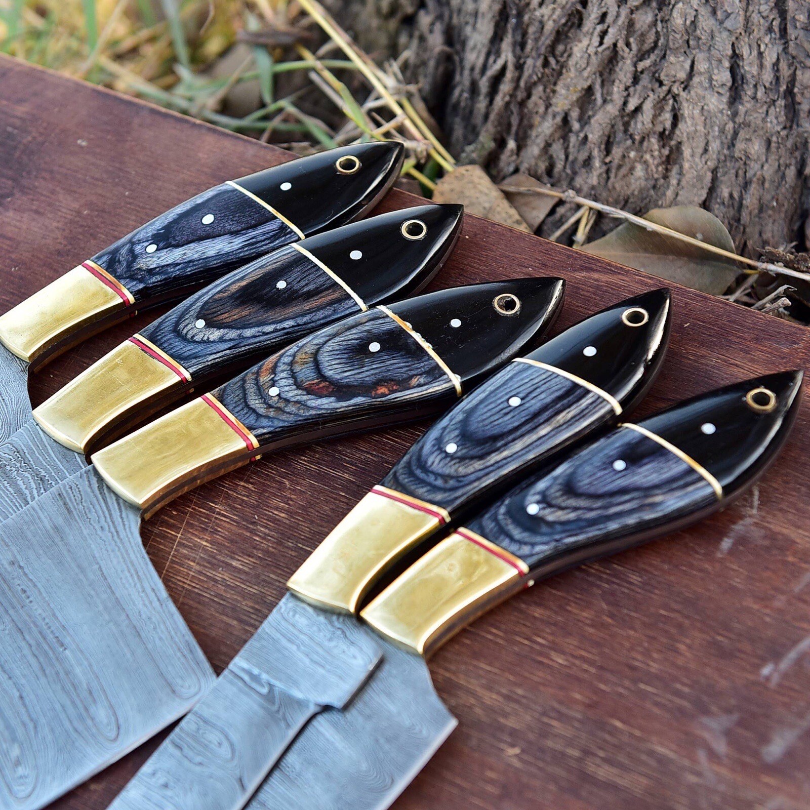 Damascus Steel Knife Set of 5 Custom Handmade Forged Chef Kitchen Fixed Blade