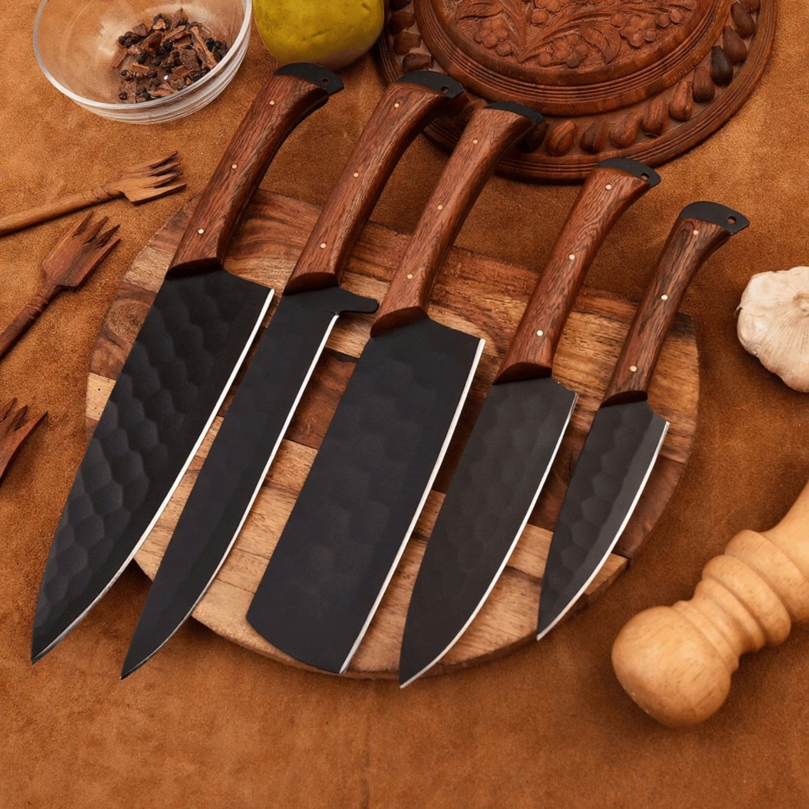 Handmade Matt Black Knives Set 420 Stainless Steel Full Tang Knives, Anniversary